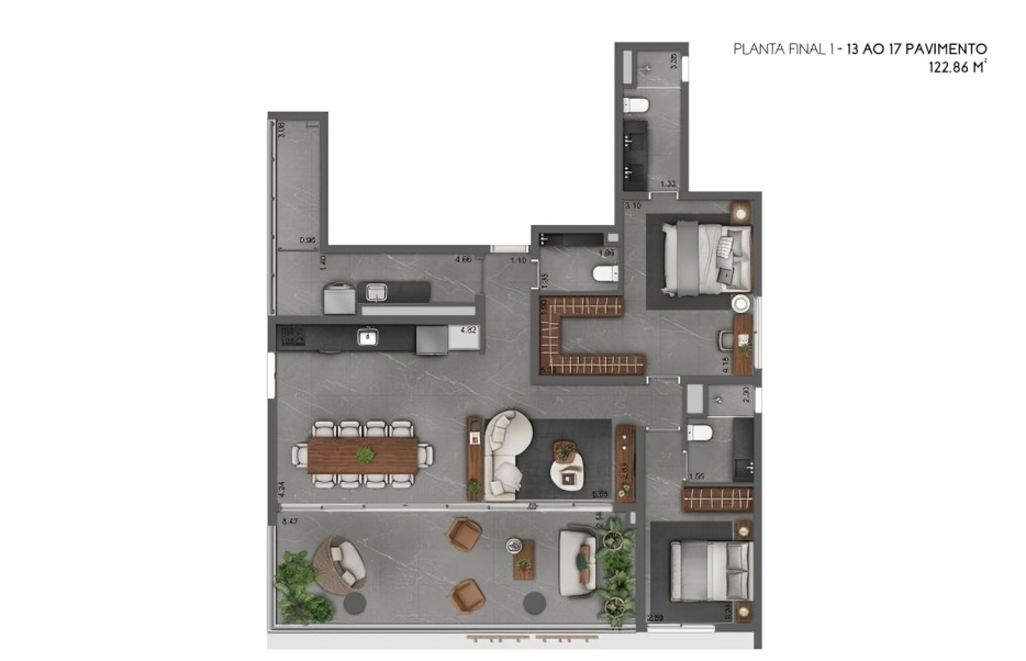 Planta 122m² | 3 Dormitórios